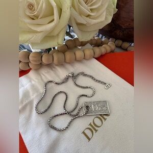 CHRISTIAN DIOR Silver Rhinestone Dog Tag Necklace. Vintage John Galliano 1990s.
